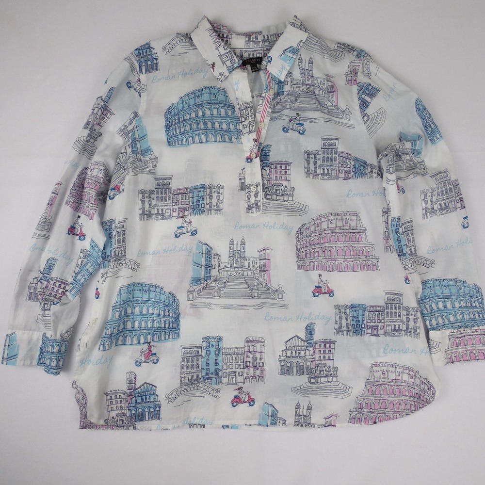 Talbots Roman Holiday Novelty 100% Cotton Popover Shirt Womens XLP Extra Large